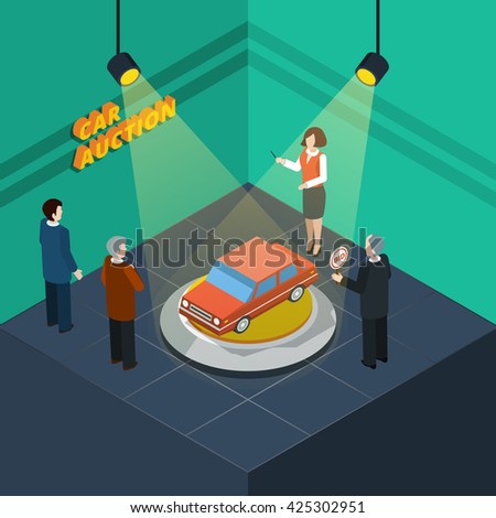 Isometric car auction process abstract with bidding people looking at the car presented vector illustration