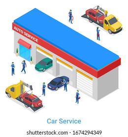 Isometric Car Auto Vehicle Service Station Garage with tow truck evacuator flat vector illustration.
