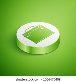 Isometric Car battery icon isolated on green background. Accumulator battery energy power and electricity accumulator battery. White circle button. Vector Illustration