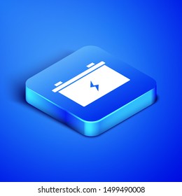 Isometric Car battery icon isolated on blue background. Accumulator battery energy power and electricity accumulator battery. Blue square button. Vector Illustration