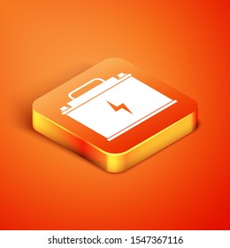 Isometric Car battery icon isolated on orange background. Accumulator battery energy power and electricity accumulator battery. Lightning bolt.  Vector Illustration