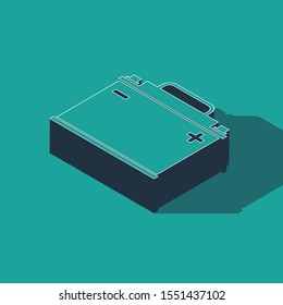 Isometric Car battery icon isolated on green background. Accumulator battery energy power and electricity accumulator battery.  Vector Illustration