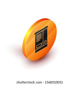 Isometric Car battery icon isolated on white background. Accumulator battery energy power and electricity accumulator battery. Orange circle button. Vector Illustration