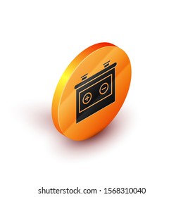Isometric Car battery icon isolated on white background. Accumulator battery energy power and electricity accumulator battery. Orange circle button. Vector Illustration