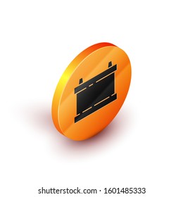Isometric Car battery icon isolated on white background. Accumulator battery energy power and electricity accumulator battery. Orange circle button. Vector Illustration