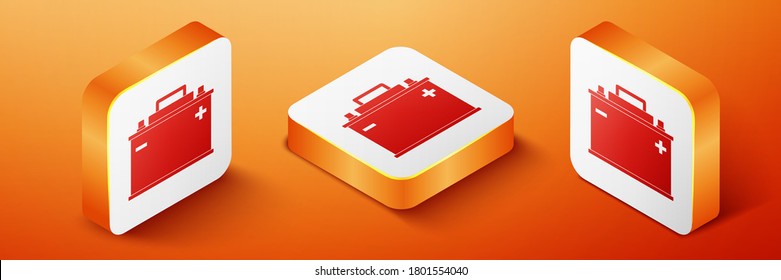 Isometric Car (icono de la batería del coche isométrico) aislado en el fondo naranja. Batería acumuladora de energía de batería y acumulador de electricidad. Botón cuadrado naranja. Vector.