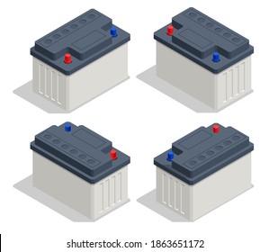 Isometric Car Battery icon Isolated on White Background. Accumulator Battery Energy Power and Electricity Accumulator Battery. Recyclable elements of vehicle battery.