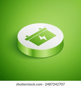 Isometric Car battery icon isolated on green background. Accumulator battery energy power and electricity accumulator battery. White circle button. Vector