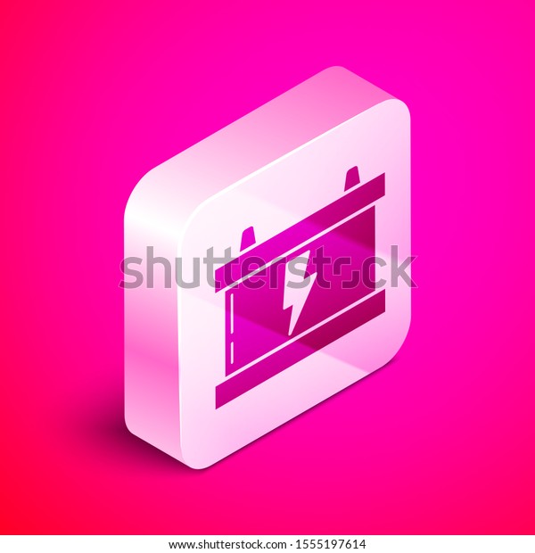 Isometric Car\
battery icon isolated on pink background. Accumulator battery\
energy power and electricity accumulator battery. Lightning bolt.\
Silver square button. Vector\
Illustration