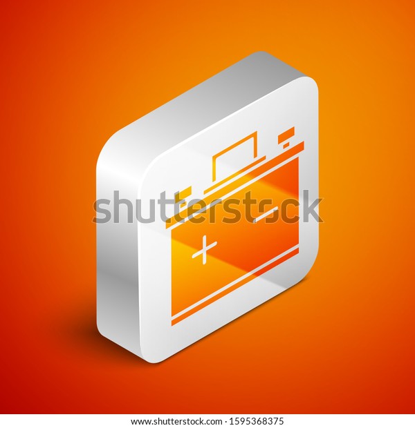 Isometric Car battery icon\
isolated on orange background. Accumulator battery energy power and\
electricity accumulator battery. Silver square button. Vector\
Illustration