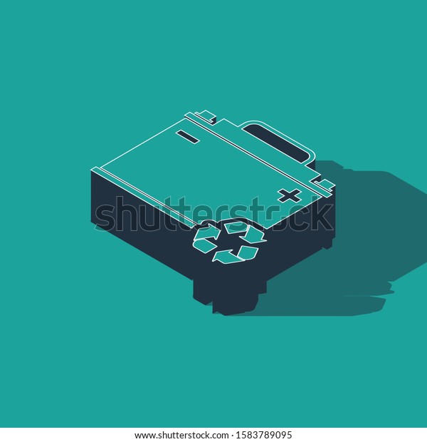 Isometric Car battery with
recycle icon isolated on green background. Accumulator battery
energy power and electricity accumulator battery.  Vector
Illustration