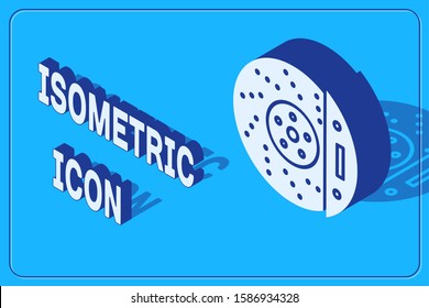 Isometric Car brake disk with caliper icon isolated on blue background.  Vector Illustration
