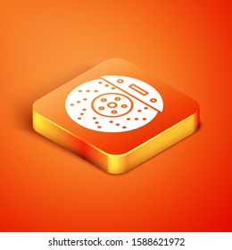 Isometric Car brake disk with caliper icon isolated on orange background.  Vector Illustration