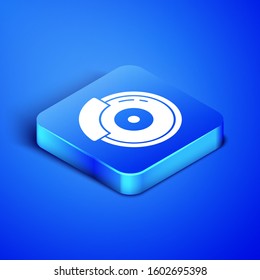 Isometric Car brake disk with caliper icon isolated on blue background. Blue square button. Vector Illustration