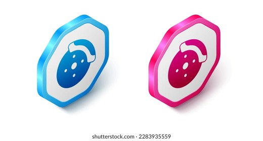 Isometric Car brake disk with caliper icon isolated on white background. Hexagon button. Vector
