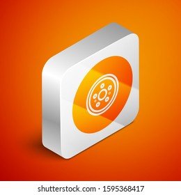 Isometric Car brake disk icon isolated on orange background. Silver square button. Vector Illustration