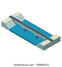 Isometric car bridge over the river. City architecture. 3d illustration.