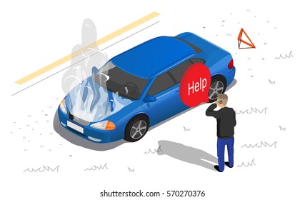 Isometric car broke down on the road illustration. Call for help. The car on the side of the road.