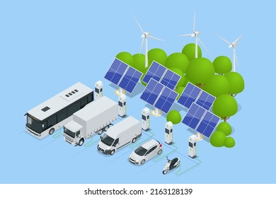 Isometric Car charger. Electromobile charging station. Car, bus, truck, van, motorcycle, on renewable solar wind energy in network grid.