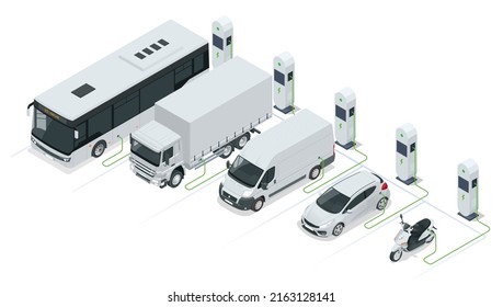 Isometric Car charger. Electromobile charging station. Car, bus, truck, van, motorcycle, on renewable solar wind energy in network grid. - Shutterstock ID 2163128141