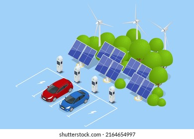 Isometric Car Charger. Electromobile Charging Station. Caron Renewable Solar Wind Energy In Network Grid.