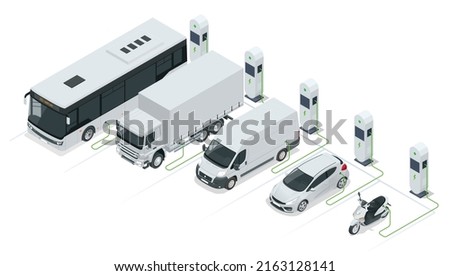 Isometric Car charger. Electromobile charging station. Car, bus, truck, van, motorcycle, on renewable solar wind energy in network grid.