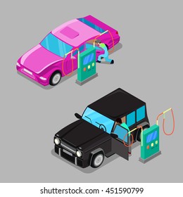 Isometric Car Cleaner Station. Driver Cleaning his Vehicle. Vector illustration