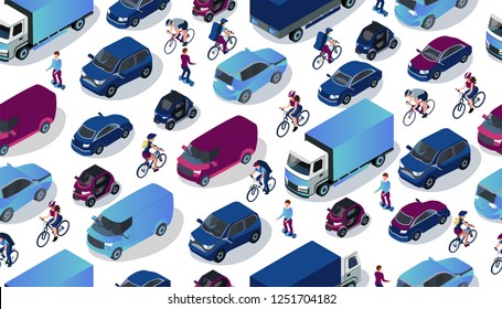 Isometric car collection. City mode of transport. Off-road, sedan, mini, electric car, truck, bicycle, giro board. Vector isometric 3d transportation. Road traffic  illustration 