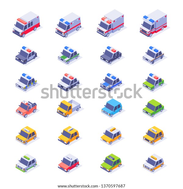 Isometric Car\
Collection. Different type of Isometric Car Set. Ambulance, Taxi,\
Sedan, Van, Police Car,\
Jeep