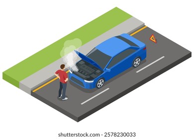 Isometric Car crash, car breakdown. A blue car with an open hood, emitting steam, stranded on the roadside. A warning triangle is placed behind, while the driver looks at the engine.