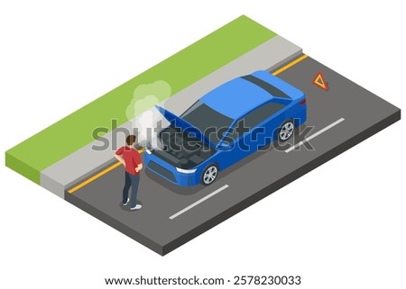 Isometric Car crash, car breakdown. A blue car with an open hood, emitting steam, stranded on the roadside. A warning triangle is placed behind, while the driver looks at the engine.