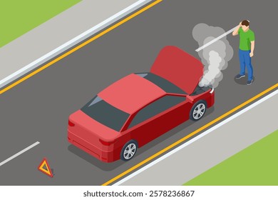 Isometric Car crash, car breakdown. A red car with an open hood, emitting steam, stranded on the roadside. A warning triangle is placed behind, while the driver looks at the engine