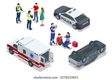 Isometric Car crash. A flipped car, a police car, ambulance, and paramedics providing care to an injured person. Police officers are documenting the accident, showcasing emergency and legal response.