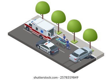 Isometric Car crash, Paramedics assist a patient on a stretcher beside an ambulance and police car. The scene is set on a road with trees, emphasizing emergency response in urban areas