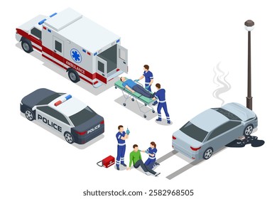 Isometric Car crash, Paramedics assist a patient on a stretcher beside an ambulance and police car. The scene is set on a road with trees, emphasizing emergency response in urban areas.