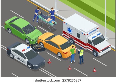 Isometric Car crash with two vehicles. Isometric vector scene of a road accident involving a truck, car, police, and ambulance. Paramedics assist an injured person while police document the accident.