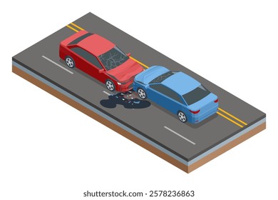 Isometric Car crash with two vehicles. A rear-end collision between a red and blue car on a two-lane road. Broken glass and fluid spill on the street emphasize the damage.