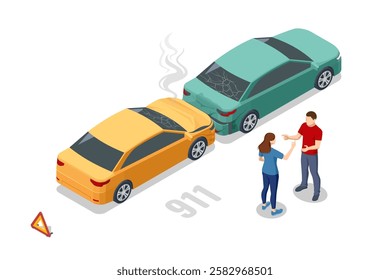 Isometric Car crash with two vehicles. Two cars crashed at an intersection with bystanders and damaged vehicles. The incident occurred in a vibrant urban environment