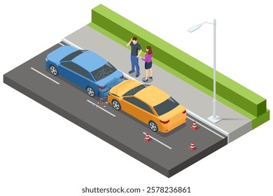 Isometric Car crash. A yellow and blue car involved in a fender bender near a residential area. A couple stands nearby, discussing the situation.