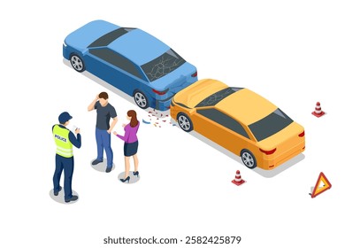 Isometric Car crash. A yellow and blue car involved in a fender bender near a residential area. A couple stands nearby, discussing the situation