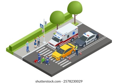 Isometric Car crash. A yellow car involved in an accident at a pedestrian crossing. Ambulance and police are on-site, with paramedics attending to an injured pedestrian.