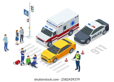 Isometric Car crash. A yellow car involved in an accident at a pedestrian crossing. Ambulance and police are on-site, with paramedics attending to an injured pedestrian