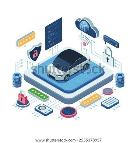 Isometric Car with Cybersecurity Features and Digital System. Automotive Cybersecurity Concept