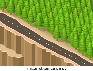 isometric of a car driving on a road beside a forest and on the edge of a cliff