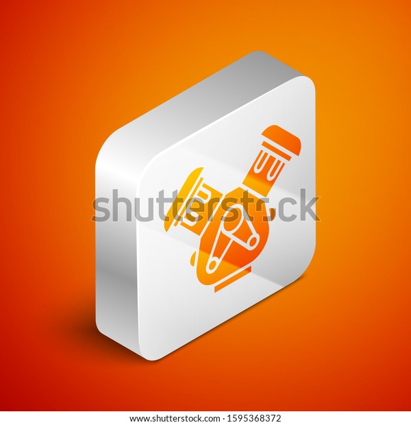Isometric Car engine icon\
isolated on orange background. Silver square button. Vector\
Illustration