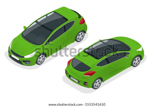 Isometric Car Green Hatchback 3-door\
Icon. Car template on white background. Hatchback\
isolated.