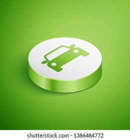 Isometric Car icon isolated on green background. White circle button. Vector Illustration