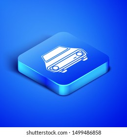 Isometric Car icon isolated on blue background. Front view. Blue square button. Vector Illustration
