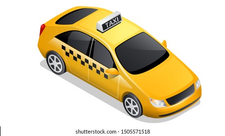 Isometric car icon isolated on white background. Vehicles for passenger transportation, yellow taxi sedan or checkered cab with black tinted glass and shadow and highlights