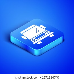 Isometric Car icon isolated on blue background. Front view. Blue square button. Vector Illustration